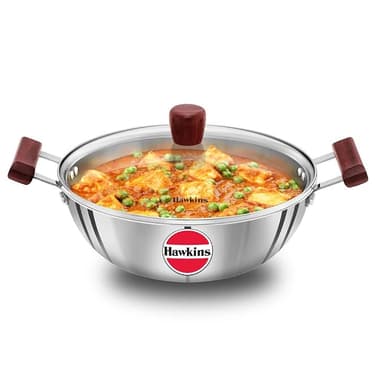 Hawkins 4 Litre Deep Kadhai, Triply Stainless Steel with Glass Lid