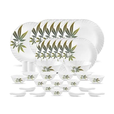 La Opala Trinity Green Opalware Dinner Set (White) - Set of 35 Pieces